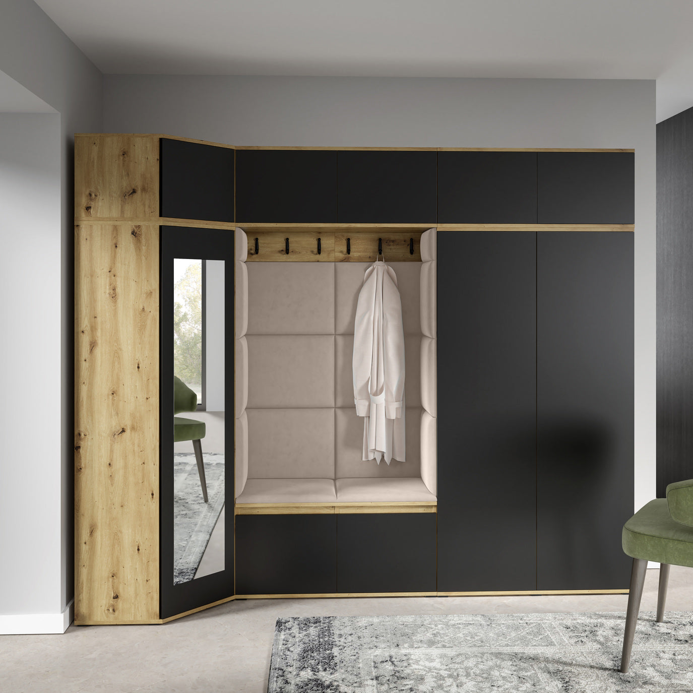 PK Emi 39 Hallway Wardrobe Artisan Oak / Black - Upholstered Panels in Various Colours