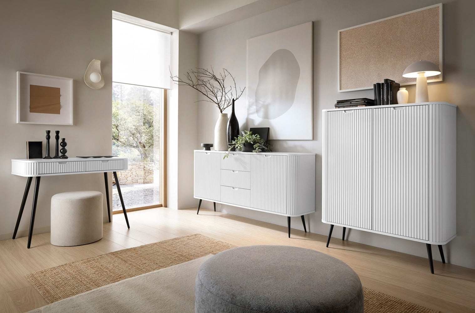 ZOVA Chest of Drawers - Modern Vanity with Two Drawers and Grooved Fronts #color_White with black legs