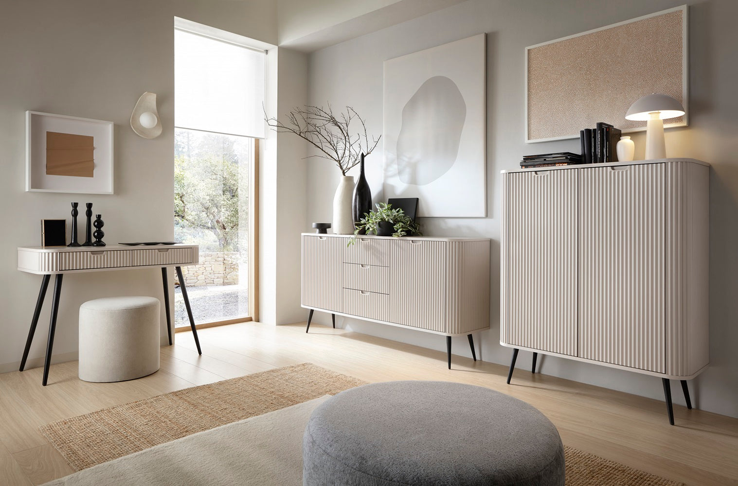 ZOVA Chest of Drawers with Two Doors and Three Drawers #color_Cashmere with black legs