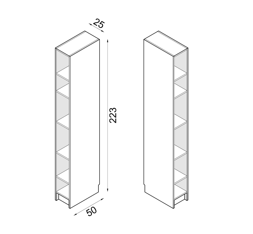 Genius shelving unit technical drawing showing 25 cm width, 223 cm height and 50 cm depth