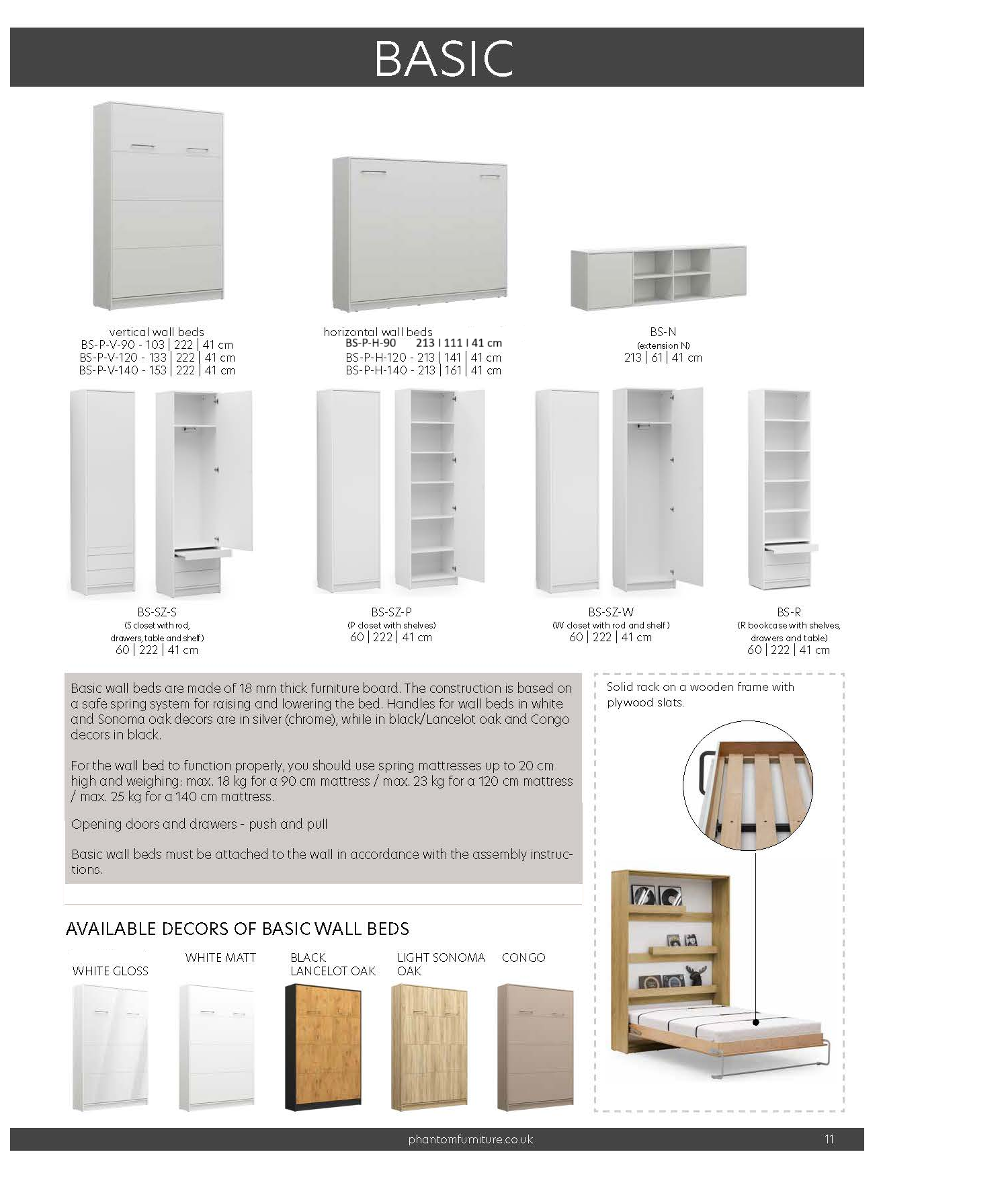 Customizable Murphy BASIC Horizontal Murphy Bed Furniture Set Sonoma Oak 90, 120, 140 x 200 cm