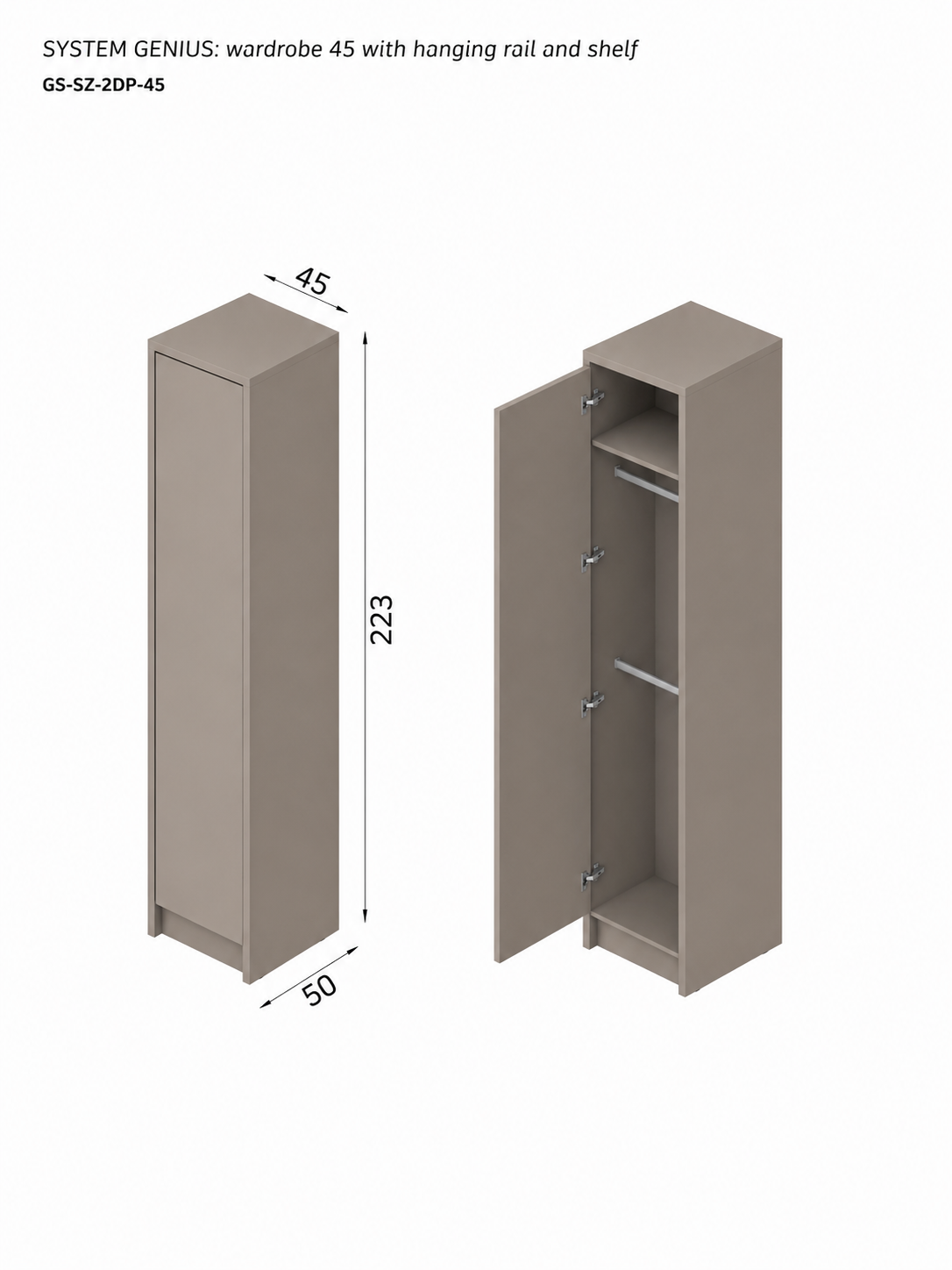 Genius Wardrobe 45 cm with Double Hanging Rail and Shelf