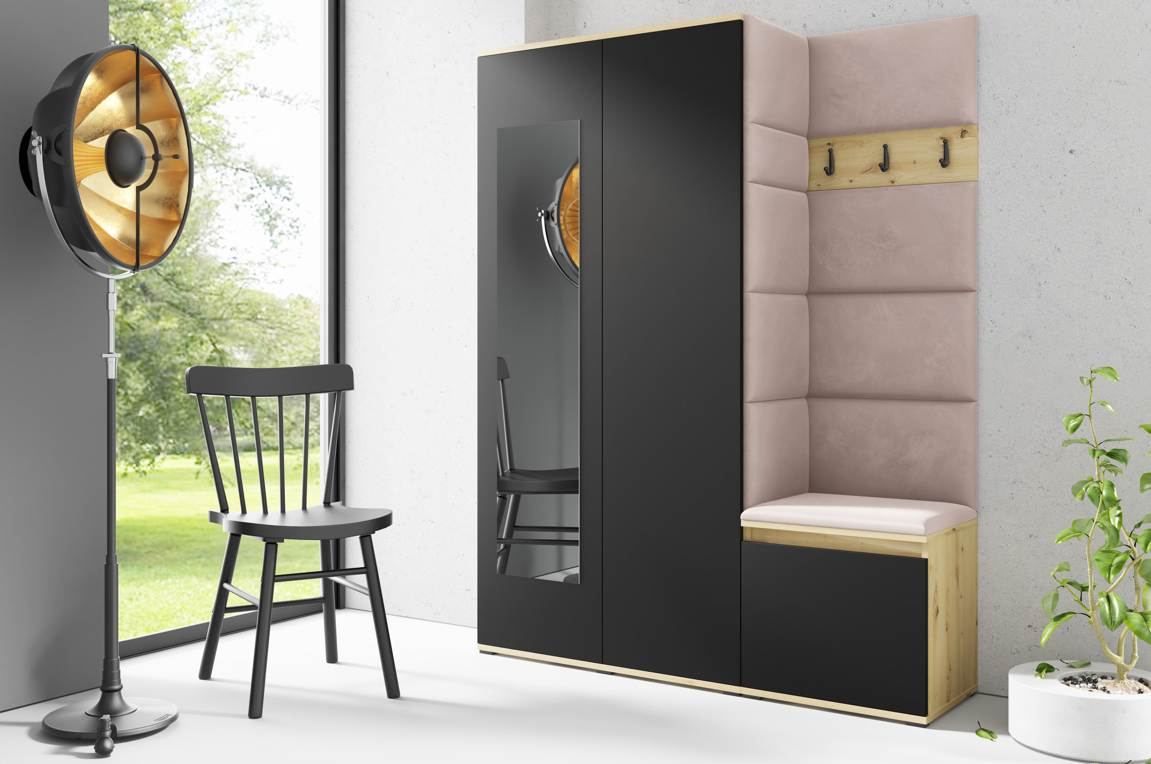 PK Emi 11 Hallway Wardrobe Artisan Oak / Black - Upholstered Panels in Various Colours