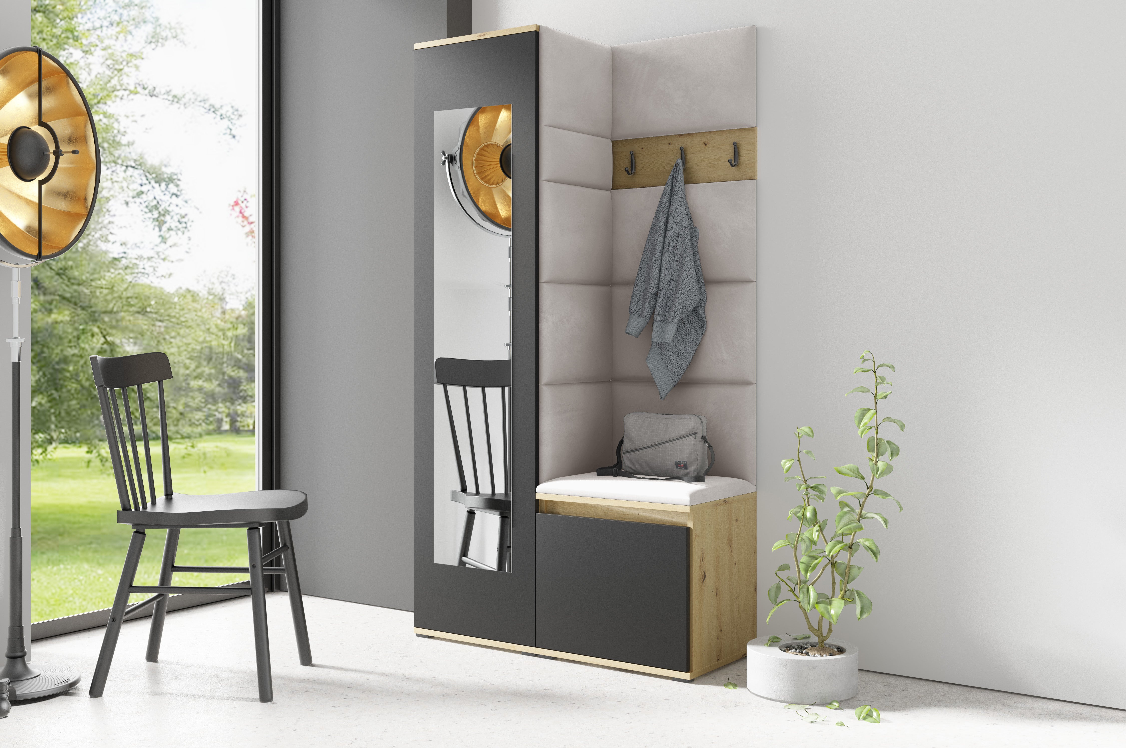PK Emi 13 Hallway Wardrobe Artisan Oak / Black - Upholstered Panels in Various Colours