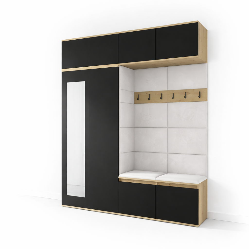 PK Emi 16 Hallway Wardrobe Artisan Oak / Black - Upholstered Panels in Various Colours