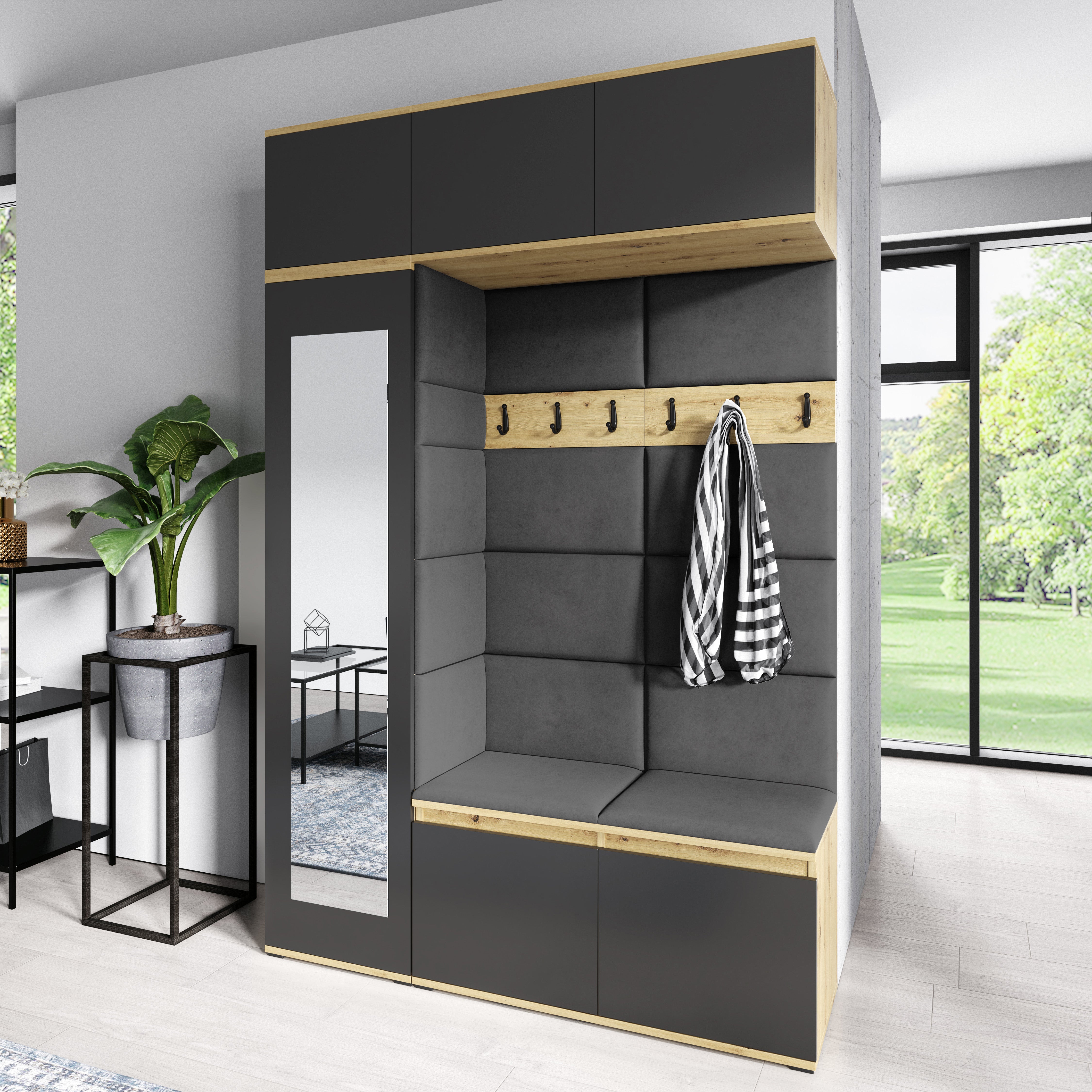 PK Emi 21 Hallway Wardrobe Artisan Oak / Black - Upholstered Panels in Various Colours