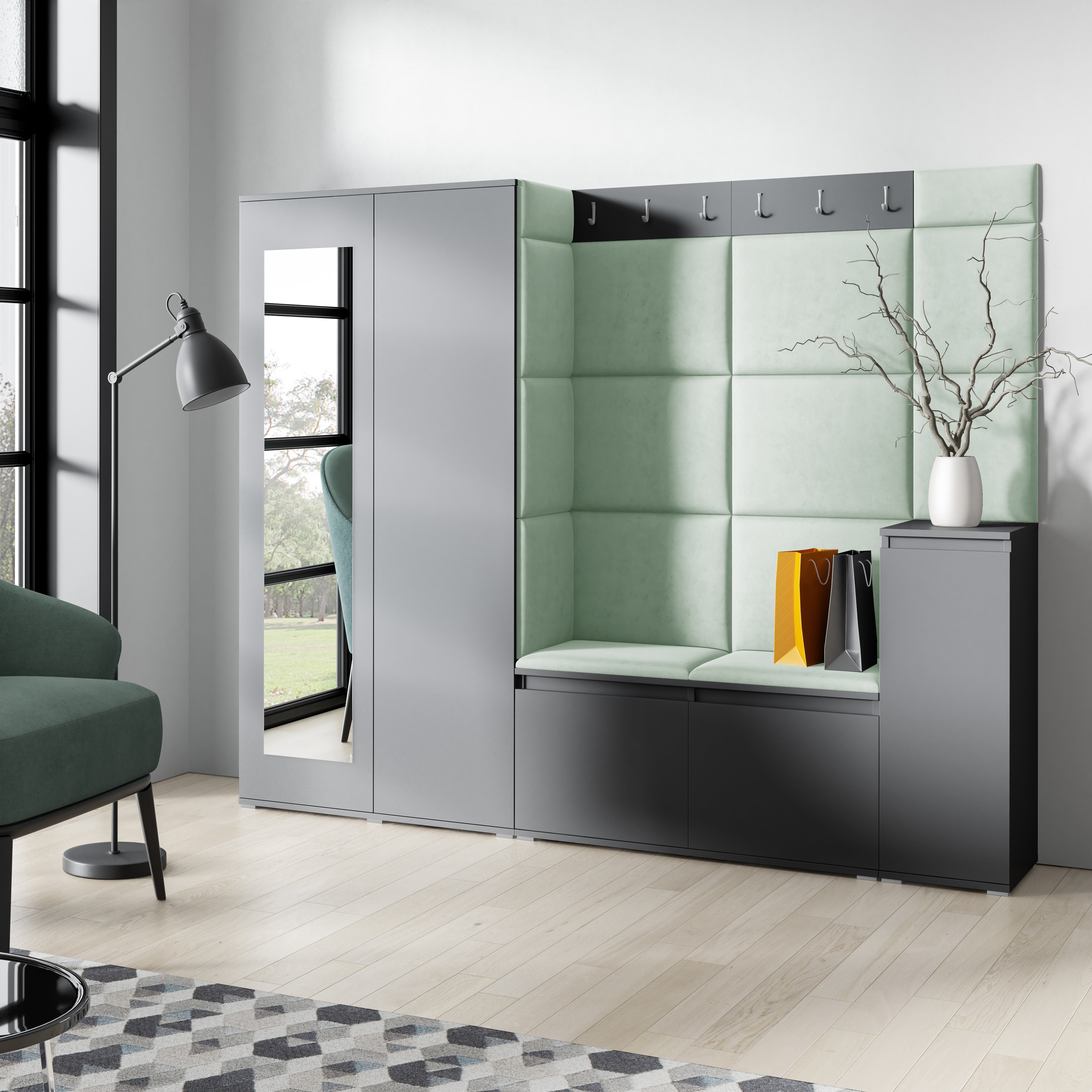 PK Emi 27 Hallway Wardrobe Graphite - Upholstered Panels in Various Colours