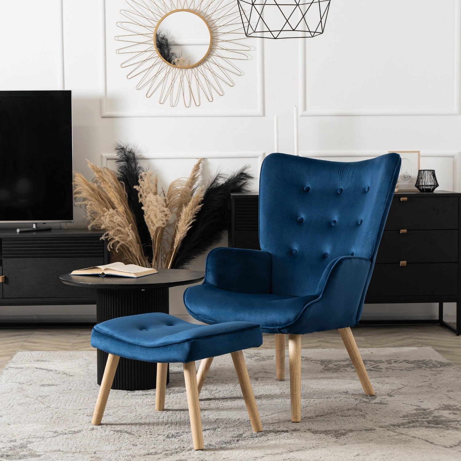 Elite LOZANO Navy Blue Velvet Armchair with Footstool
