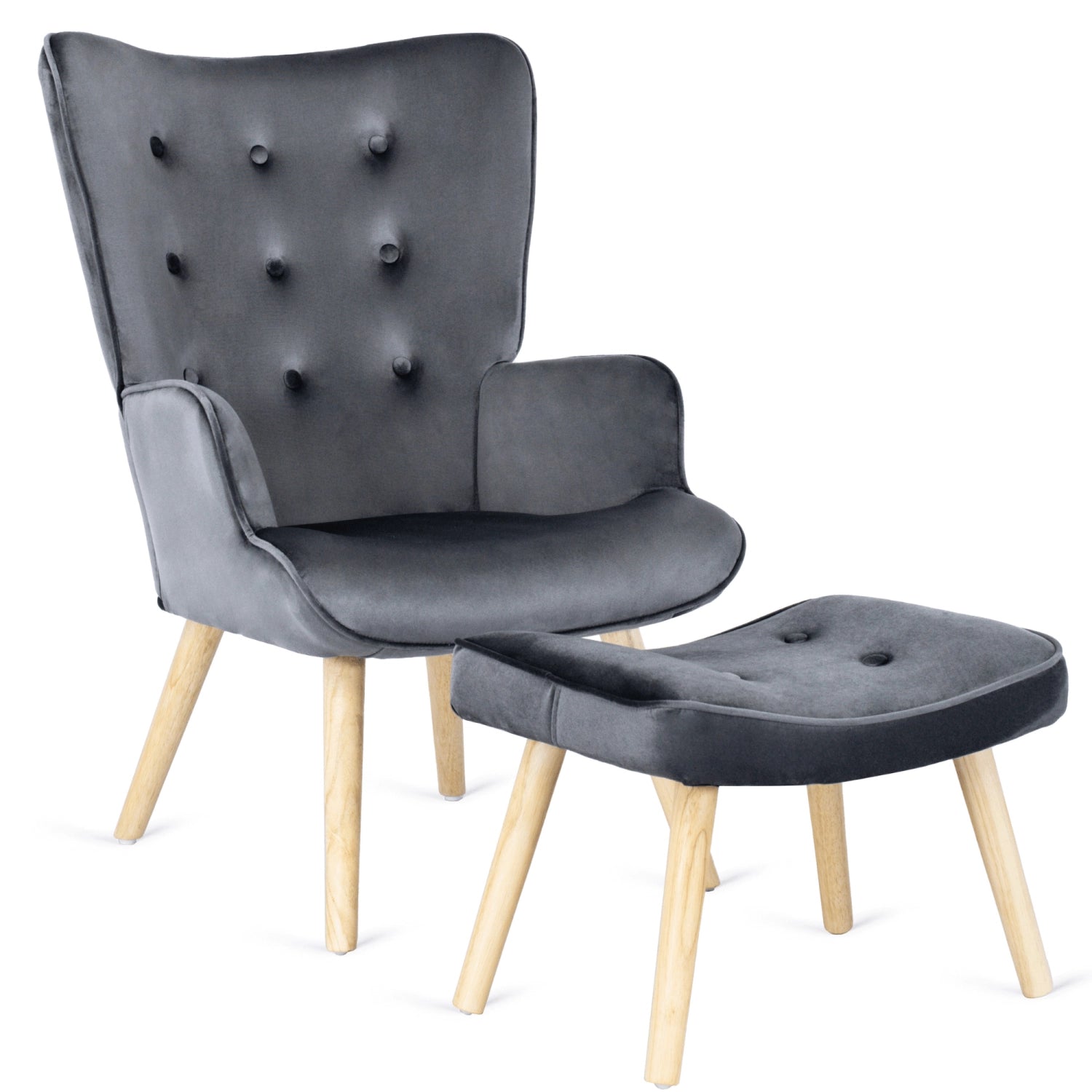 Elite LOZANO Grey Velvet Armchair with Footstool