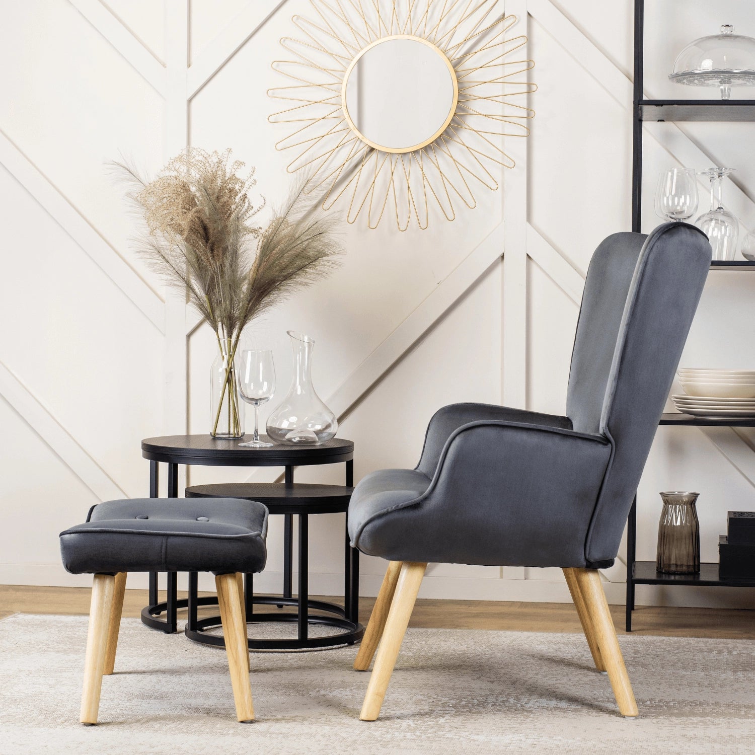 Elite LOZANO Grey Velvet Armchair with Footstool