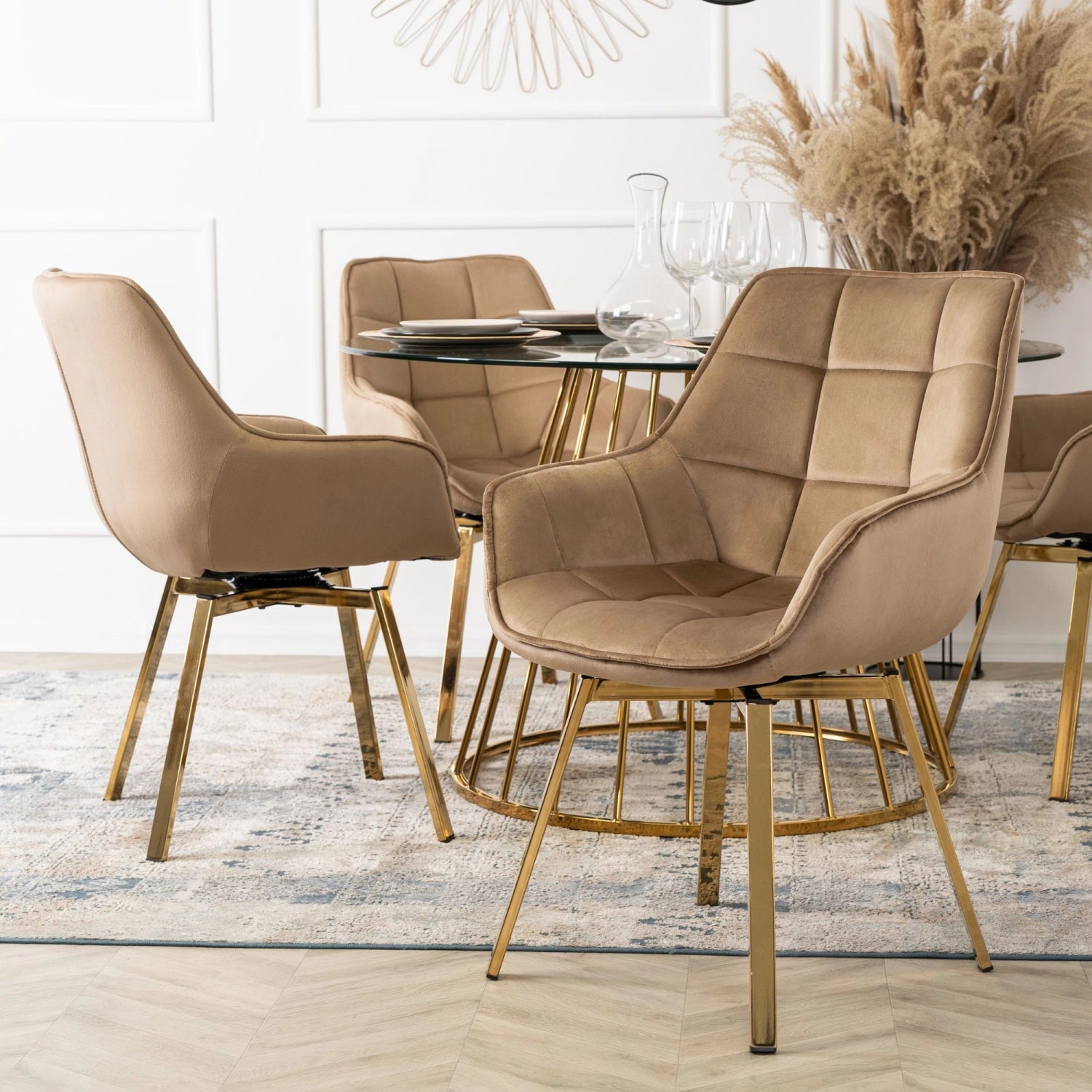 Elite MIA Swivel Velvet Chair – Luxurious Beige & Gold Design