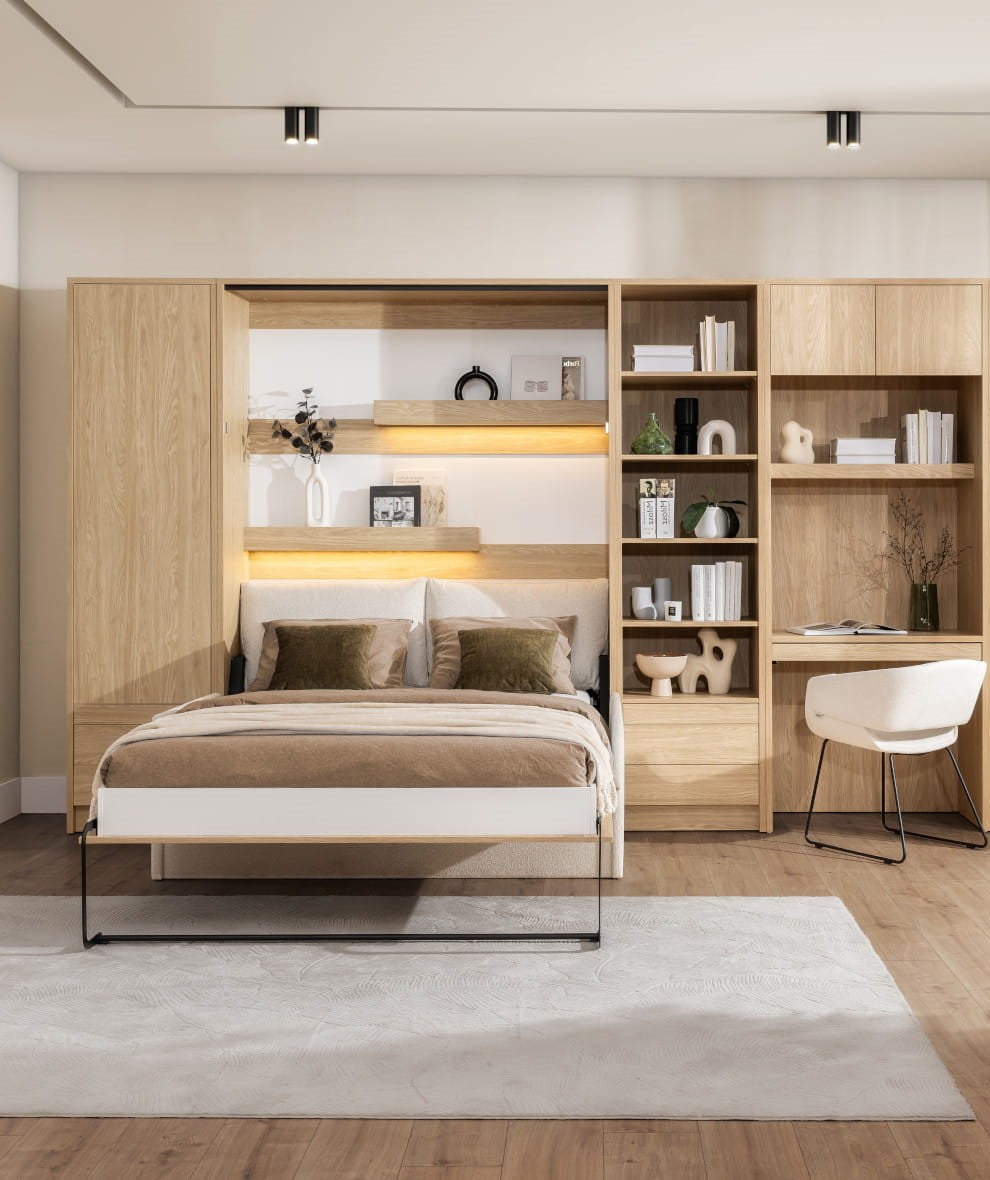 Genius Murphy Bed Set 140 x 200 cm Mattress – Oiled Oak Set, LED Lighting