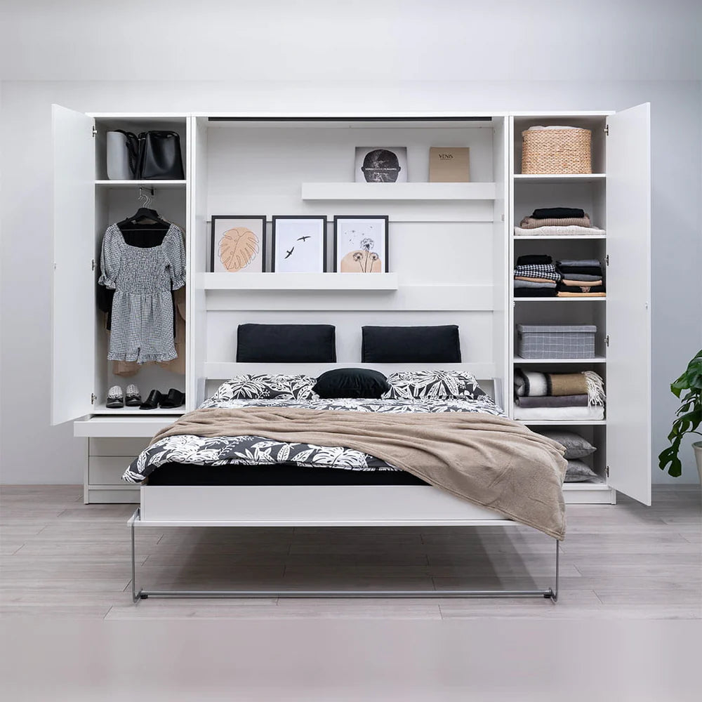 Customizable Genius Murphy Bed Furniture Set 160 x 200 cm White Gloss, LED Lighting