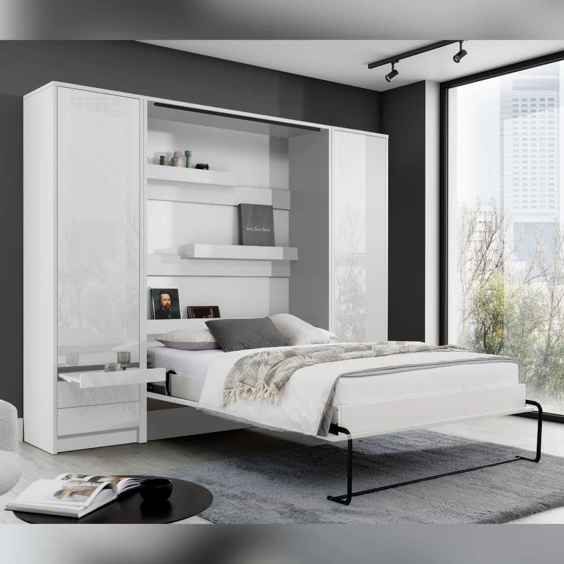 Customizable Genius Murphy Bed Furniture Set 160 x 200 cm White Gloss, LED Lighting