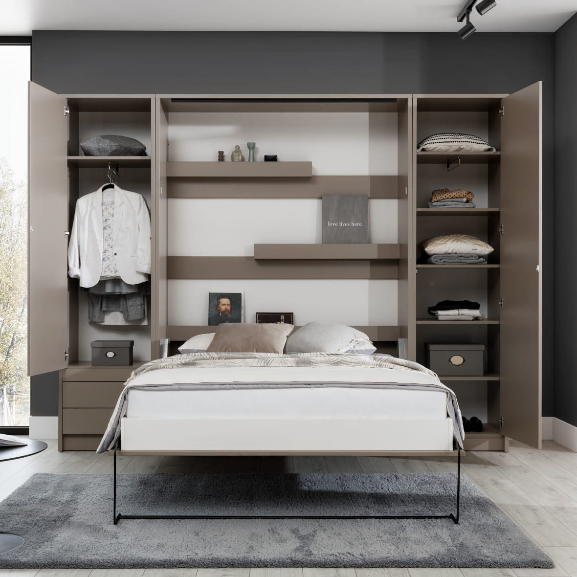 Genius Vertical Murphy Bed with Desk & Wardrobes – for 140x200 cm Mattress, LED Lighting