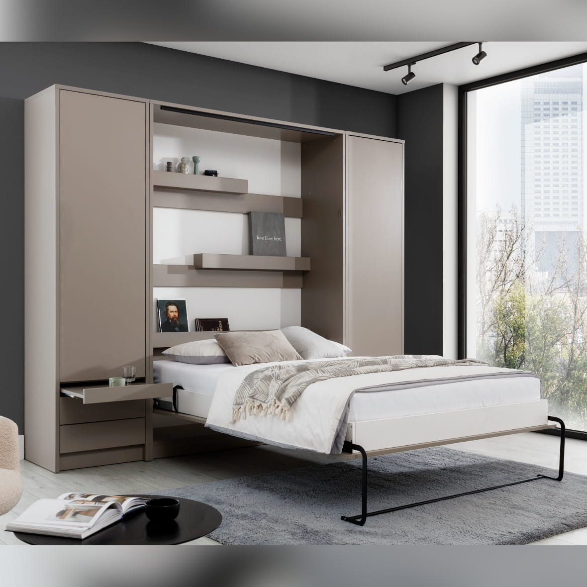 Genius Vertical Murphy Bed with Desk & Wardrobes – with 120x200 cm Mattress, LED Lighting
