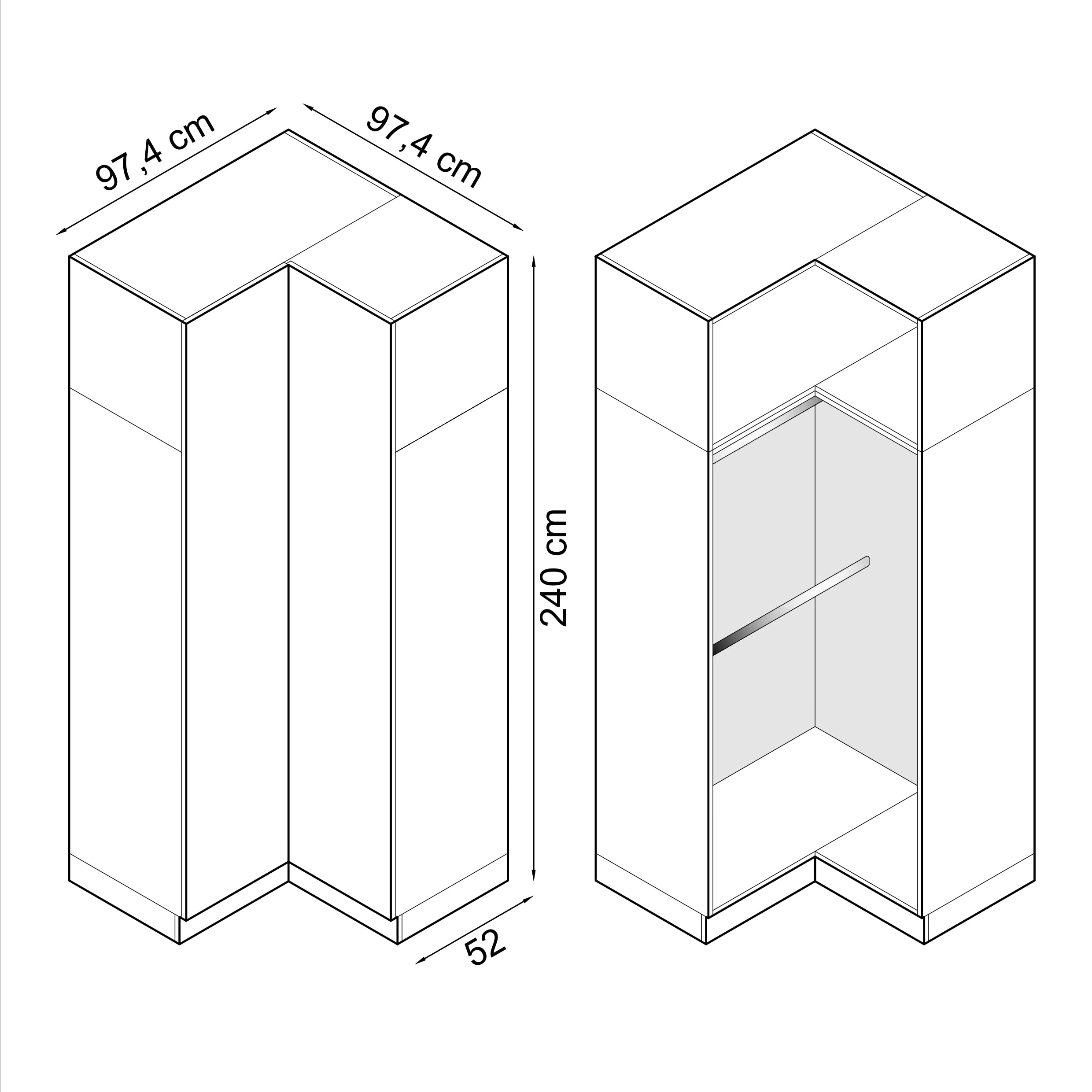SLEEP VARIA Corner Wardrobe 97.4 x 97.4 cm with Shelf and Hanging Rails – Oiled Oak / White Gloss