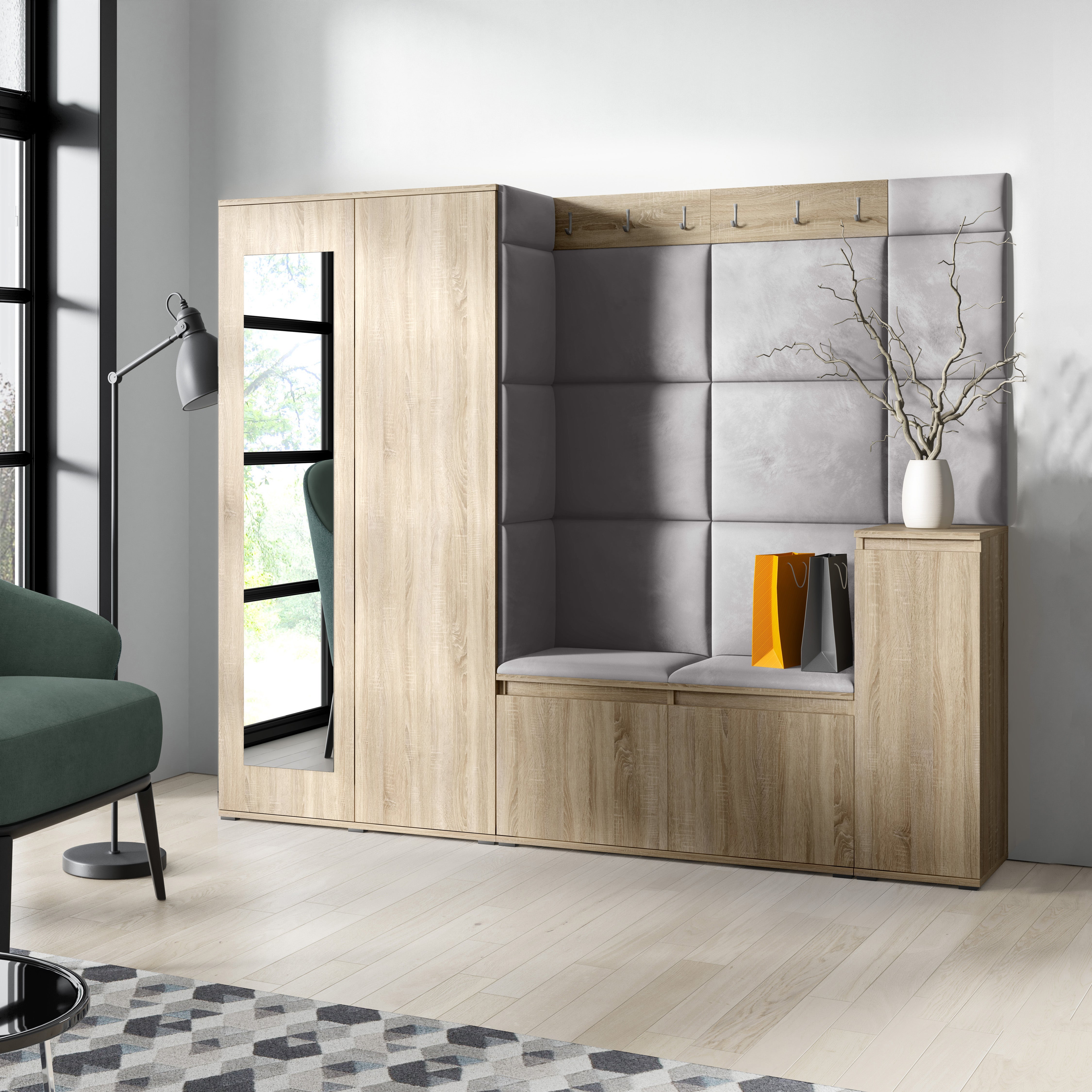 PK Emi 27 Hallway Wardrobe Sonoma Oak - Upholstered Panels in Various Colours