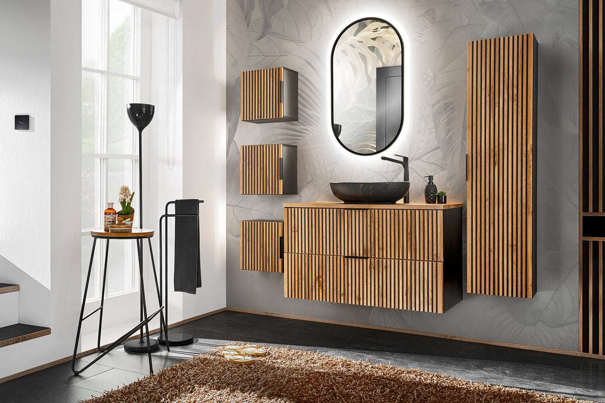 Xilo Tall Cabinet – Black / Wotan Oak, 35 cm