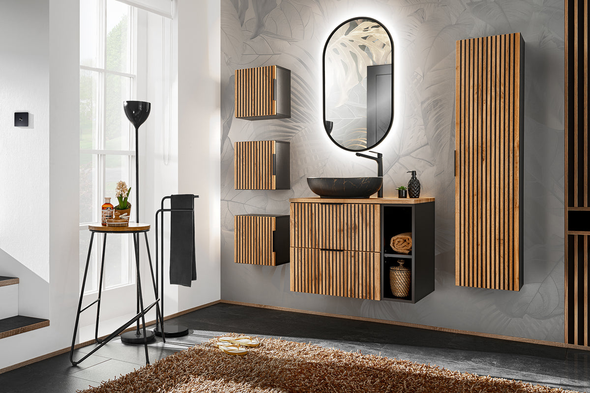Xilo Tall Cabinet – Black / Wotan Oak, 35 cm