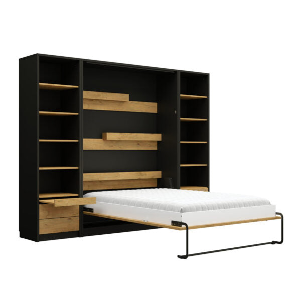 Customizable Genius Murphy Bed with Sofa Set 160 x 200 cm Black Lancelot Oak, LED Lighting