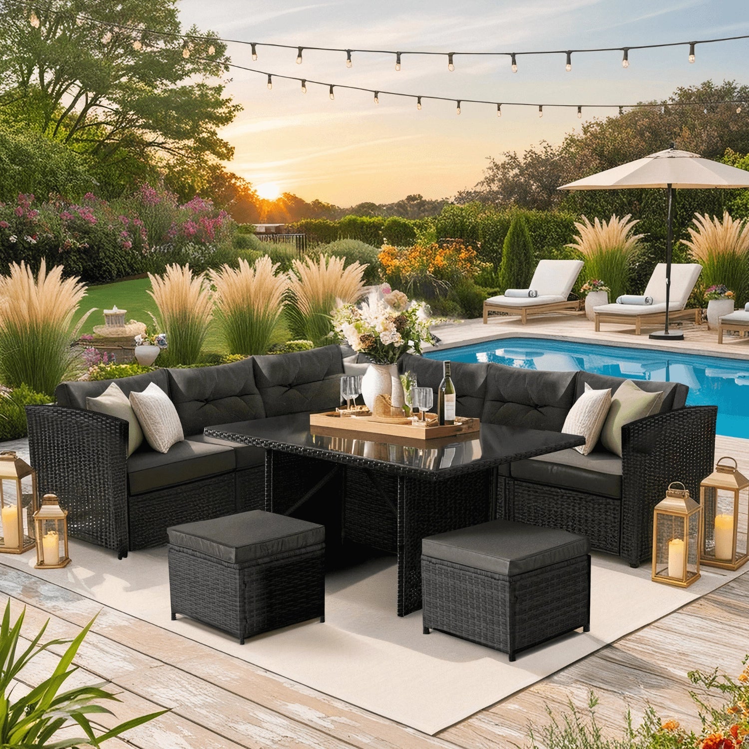 Elite DALLAS Outdoor Furniture Set Black/Dark Grey - Luxury Rattan Garden Loung