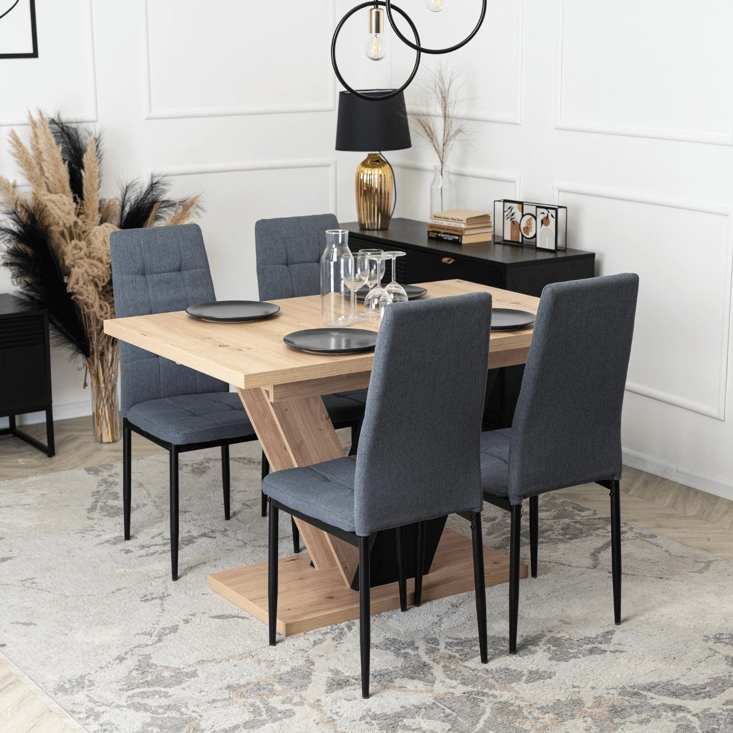 Elite CLARK Extendable Dining Set – 120-160 cm Artisan Oak Table & 4 TEX Dark Gray Chairs