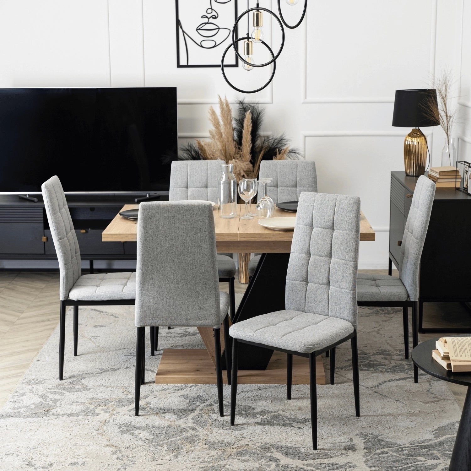 Elite Dining Set – CLARK Extendable Table (120-160 cm) & 6 TEX Chairs – Oak Artisan/Black & Gray