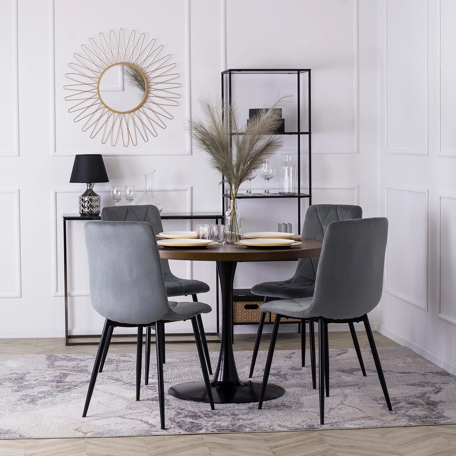 Elite LINO Dining Set – 100 cm Walnut/Black Round Table & 4 Grey ROBIN Chairs