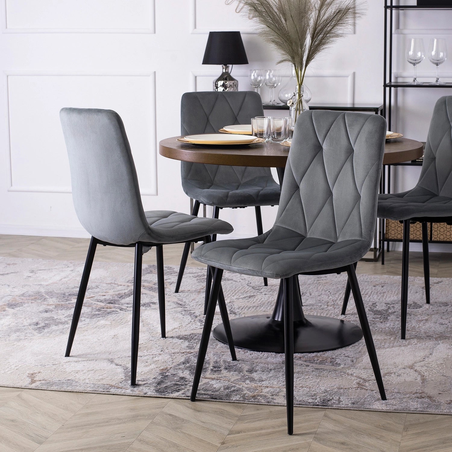 Elite LINO Dining Set – 100 cm Walnut/Black Round Table & 4 Grey ROBIN Chairs