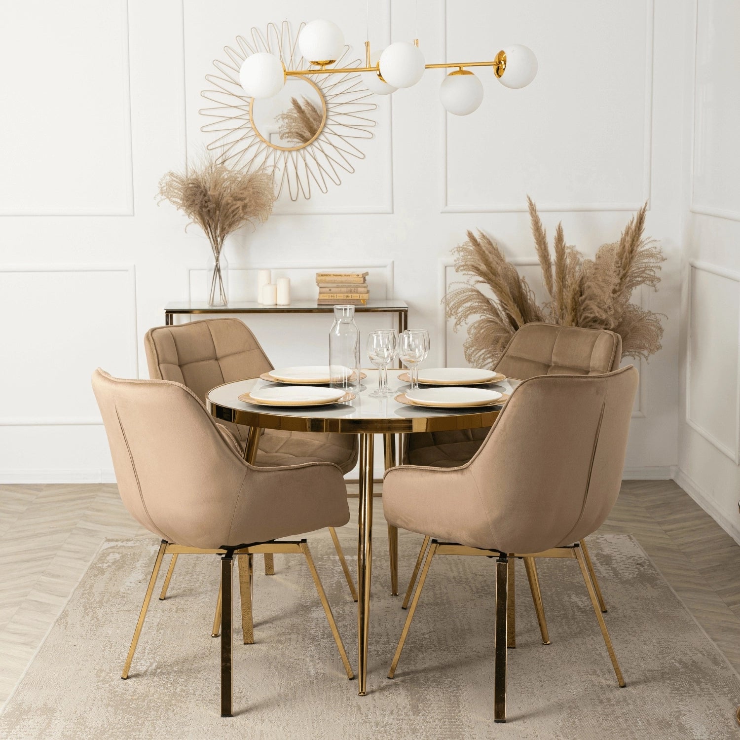 Elite TINGA Dining Set – 100 cm White Marble/Gold Table & 4 MIA Beige Chairs
