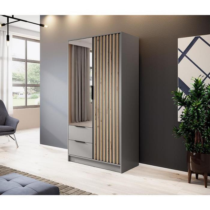 Nelly 2D Wardrobe with Mirror – Grey/Artisan Oak 105 cm