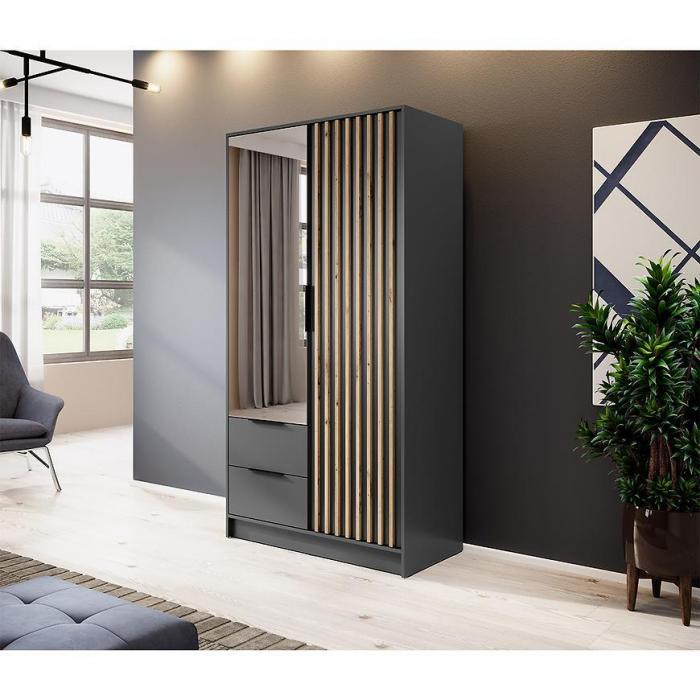 Nelly 2D Wardrobe – Graphite/Artisan Oak 105 cm With Mirror