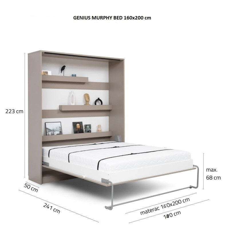 Customizable Genius Murphy Bed Furniture Set 160 x 200 cm Black Lancelot Oak, LED Lighting