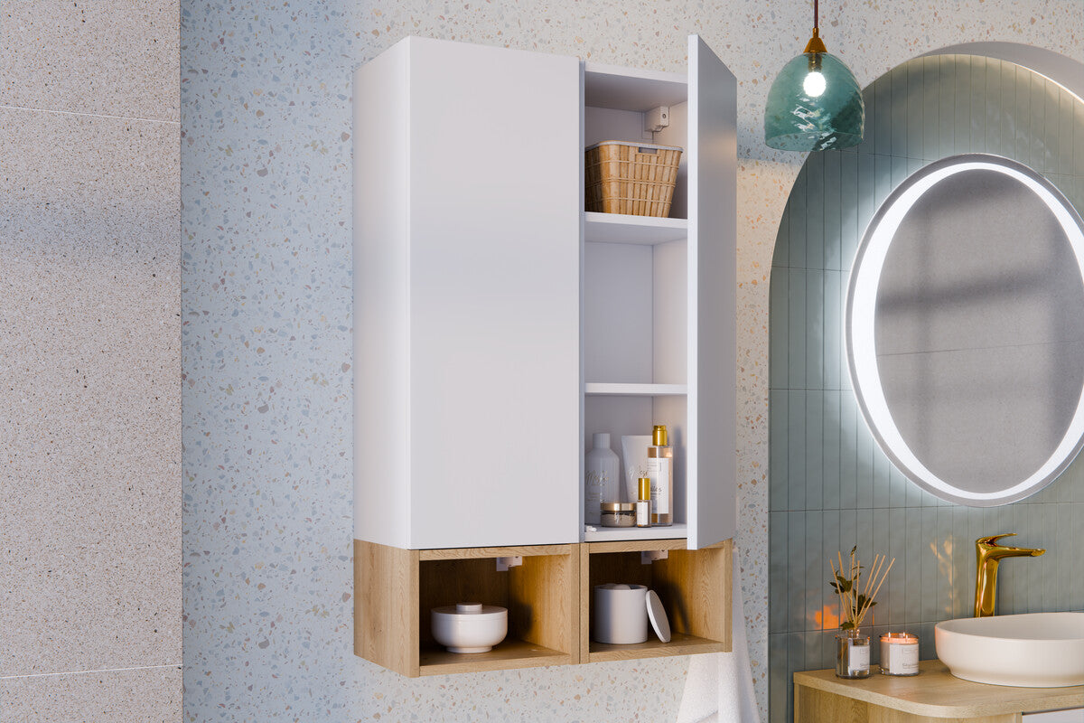 Aster White Wall-Hung Cabinet 1 Door + Cremona UN Open Shelf – White Matt / Oak, 30 cm Set