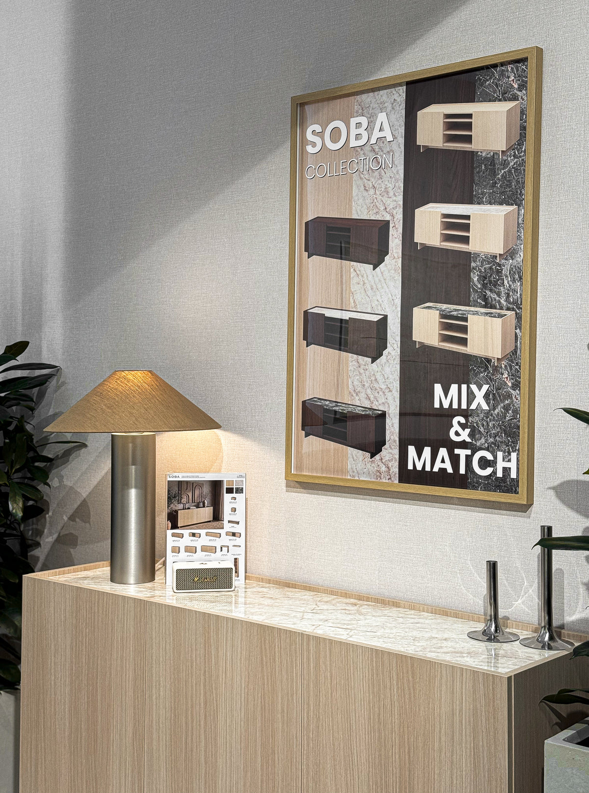 SOBA 3-Door Sideboard – Copenhagen Oak with Beige Stone-Effect Top, 150 cm