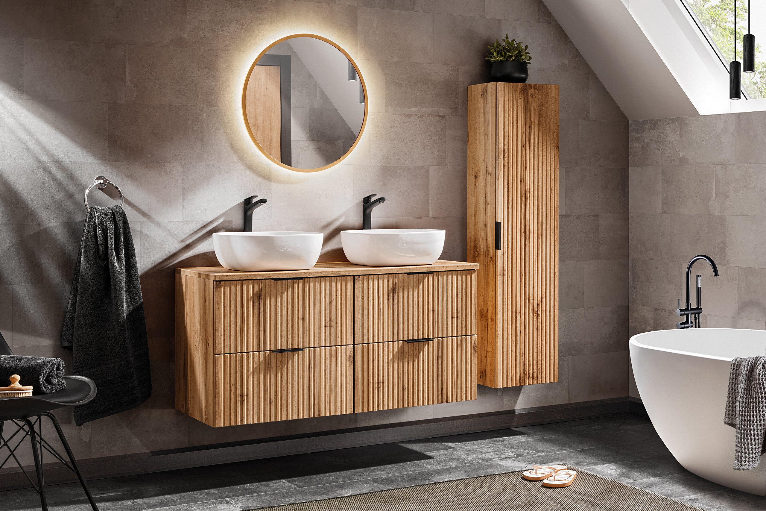 Adel Oak Bathroom with High Cabinet Smile 120 cm SET-ADO B