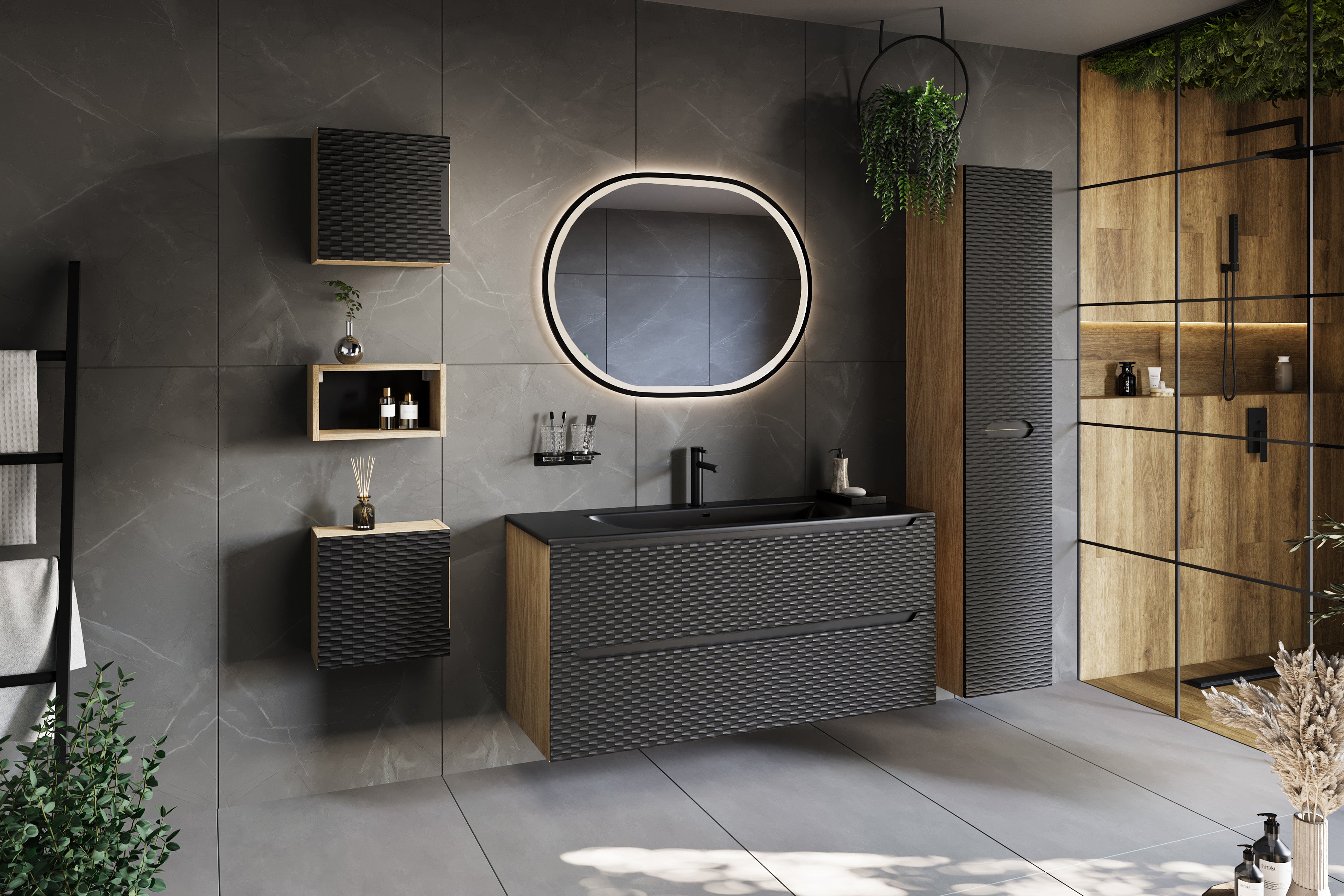 Ocean Tall Cabinet 2-Door – Black Matt / Oiled Oak, 35 cm
