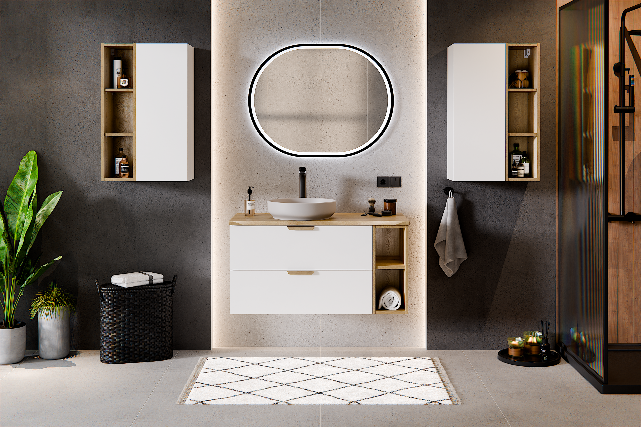 Aster White Wall-Hung Cabinet 1 Door + Cremona UN Open Shelf – White Matt / Oak, 50 cm Set