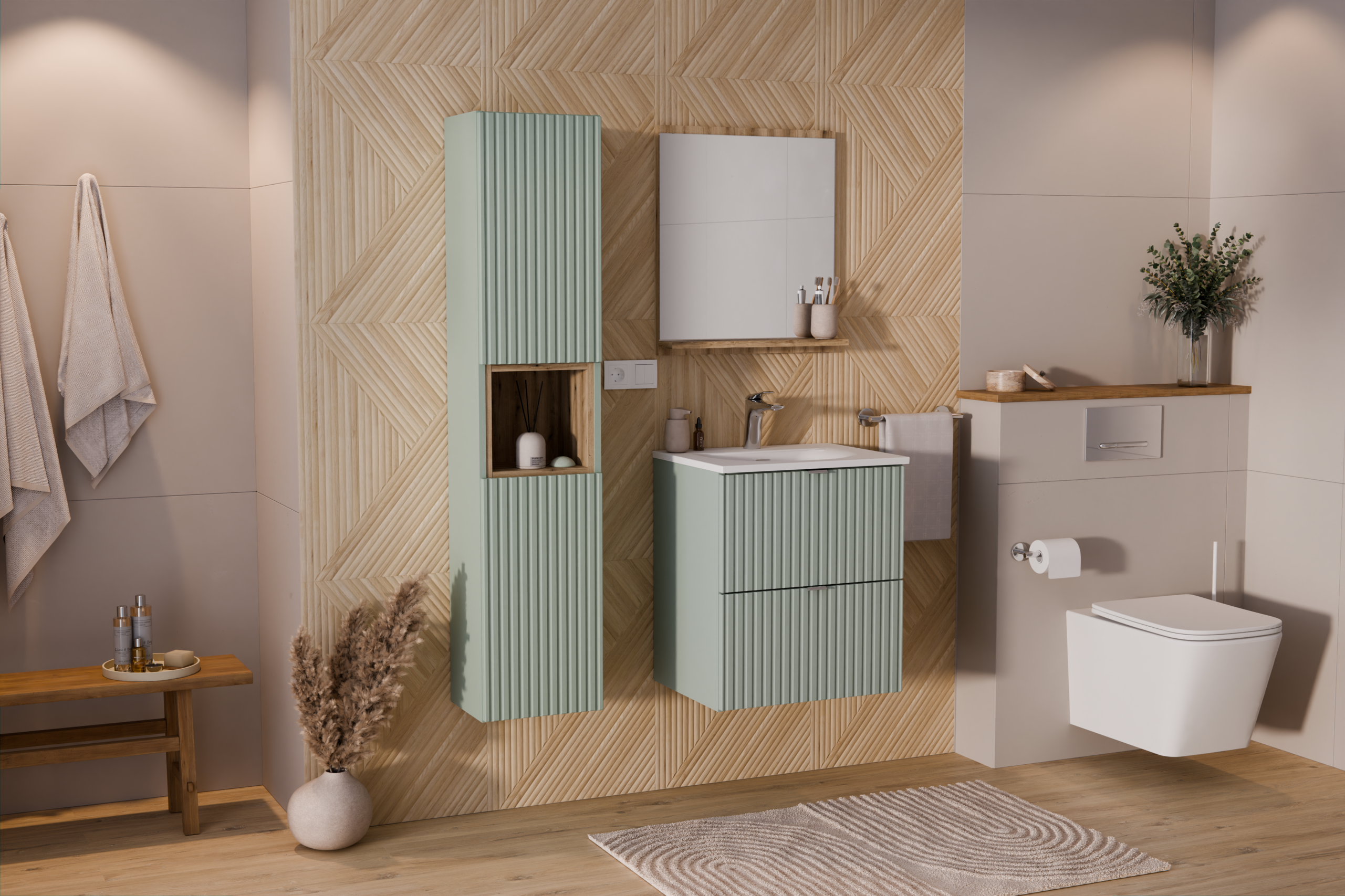 Line Reed Tall Cabinet 2 Doors – Reed Green, 30 cm