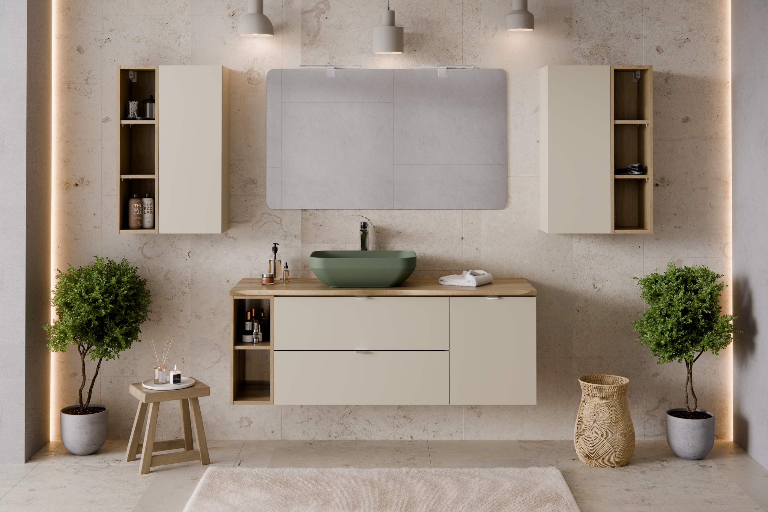 Dalia Wall-Hung Cabinet 1 Door + Cremona UN Open Shelf – Cashmere/ Oak, 30 cm Set