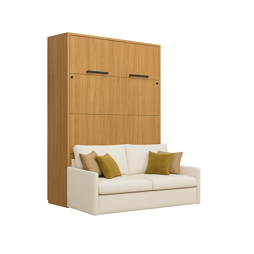 Genius Murphy Bed Oiled Oak 160 x 200 cm with Sofa ECO-LEATHER, Led Lighting