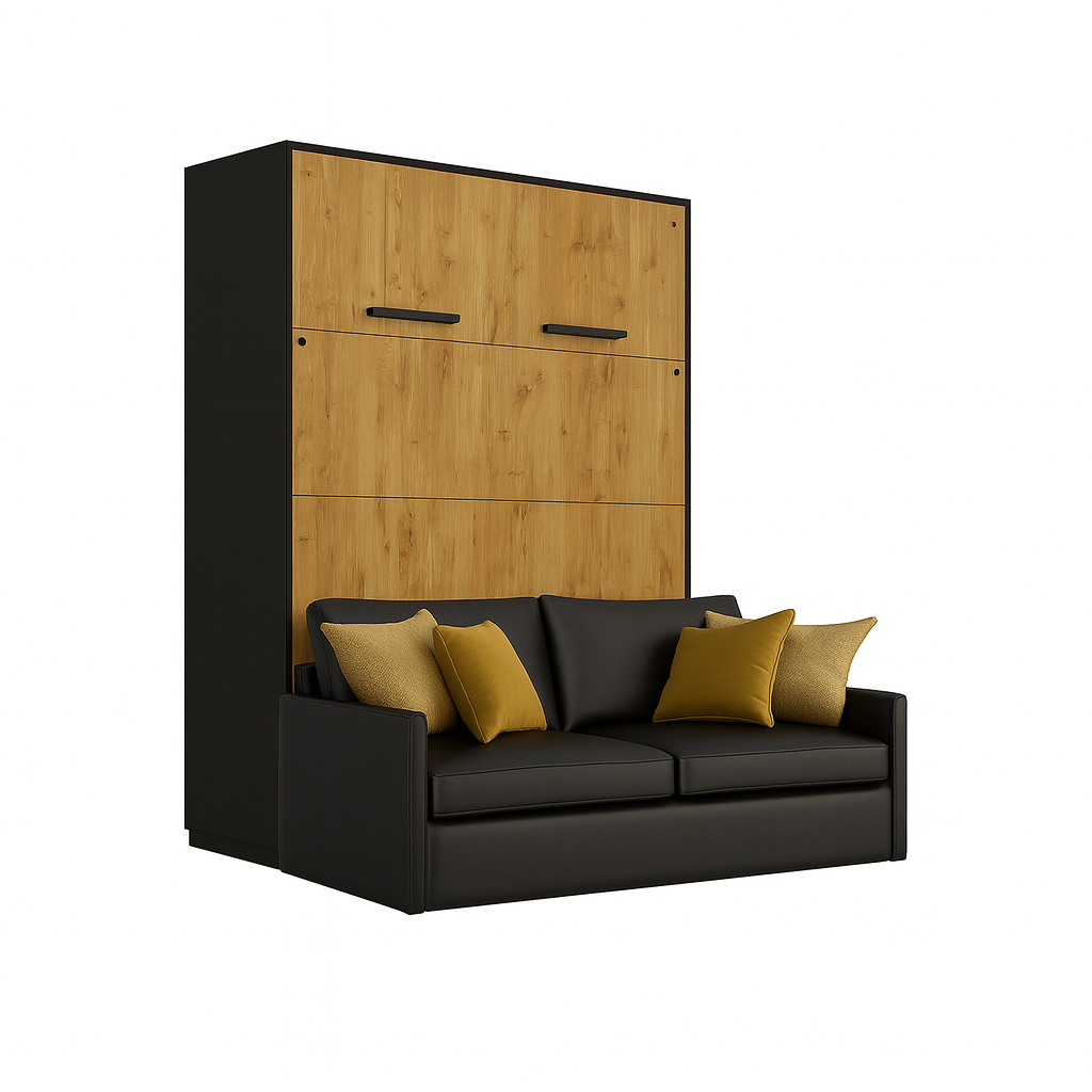 Genius Murphy Bed Lancelot Oak 160 x 200 cm with Sofa ECO-LEATHER, Led Lighting