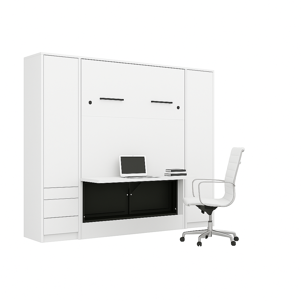 Genius Vertical Murphy Bed with Desk & Wardrobes – with 140x200 cm Mattress, LED Lighting