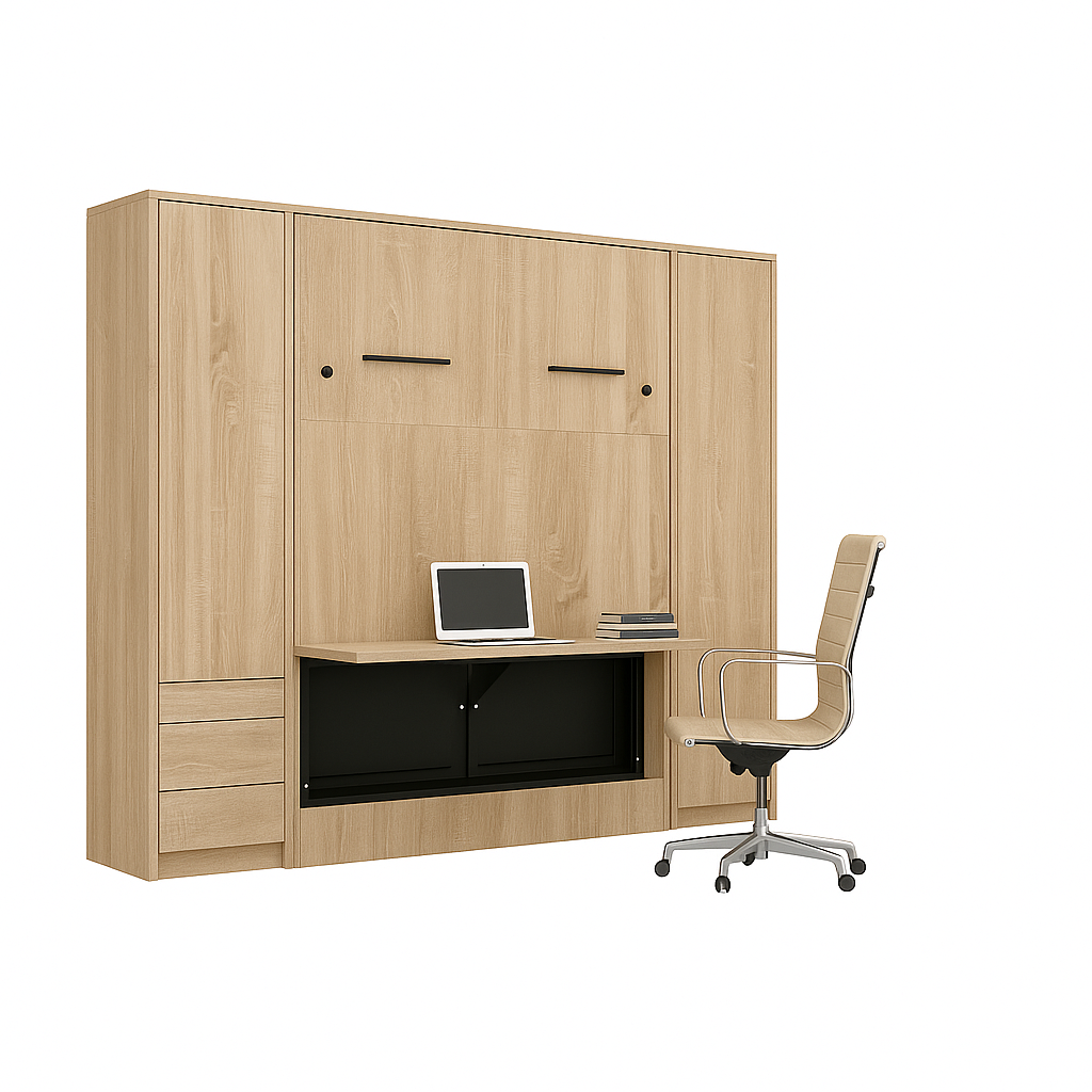 Genius Vertical Murphy Bed with Desk & Wardrobes – with 140x200 cm Mattress, LED Lighting