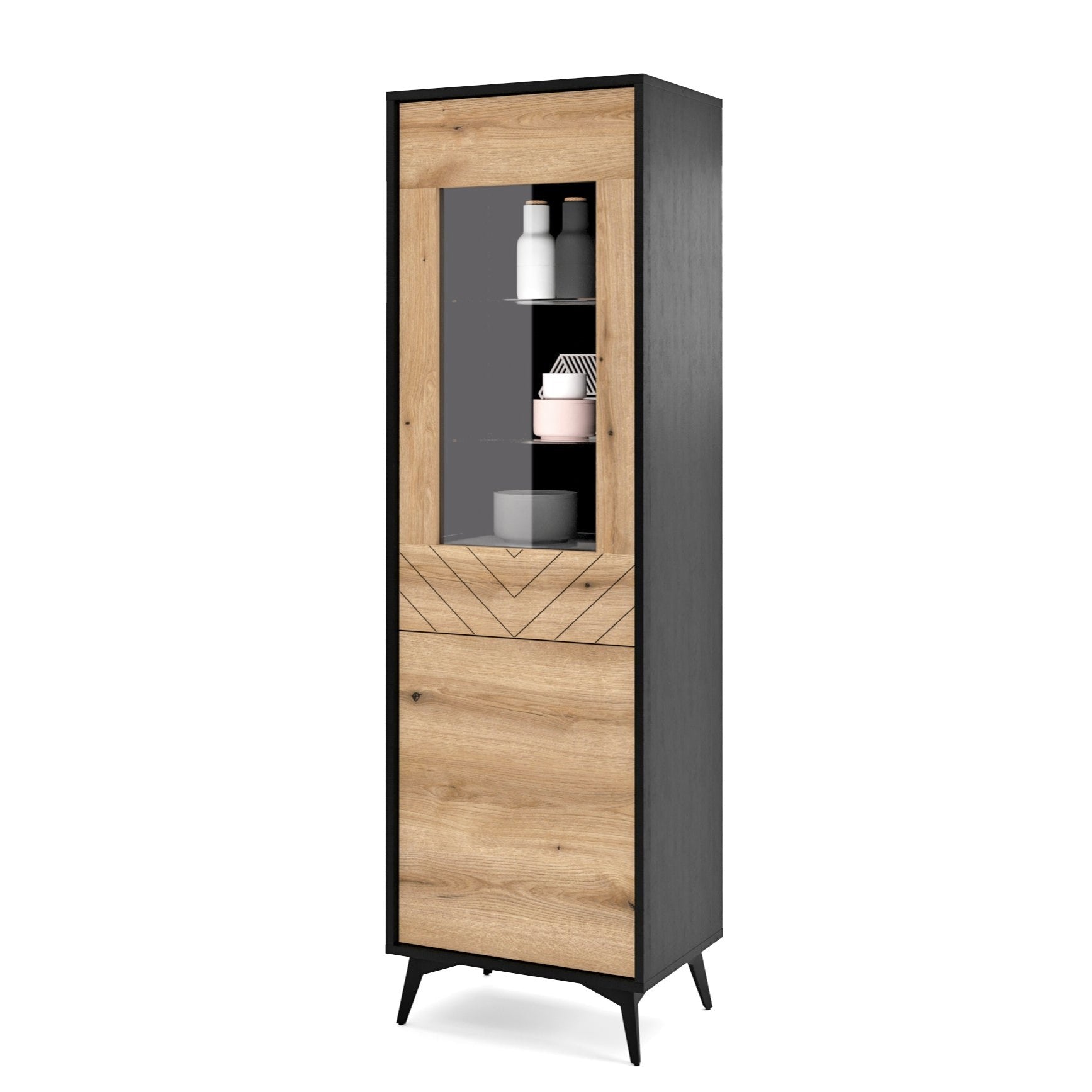 Diamond High Cabinet - Storage Cabinet with Glass Showcase and Two Doors