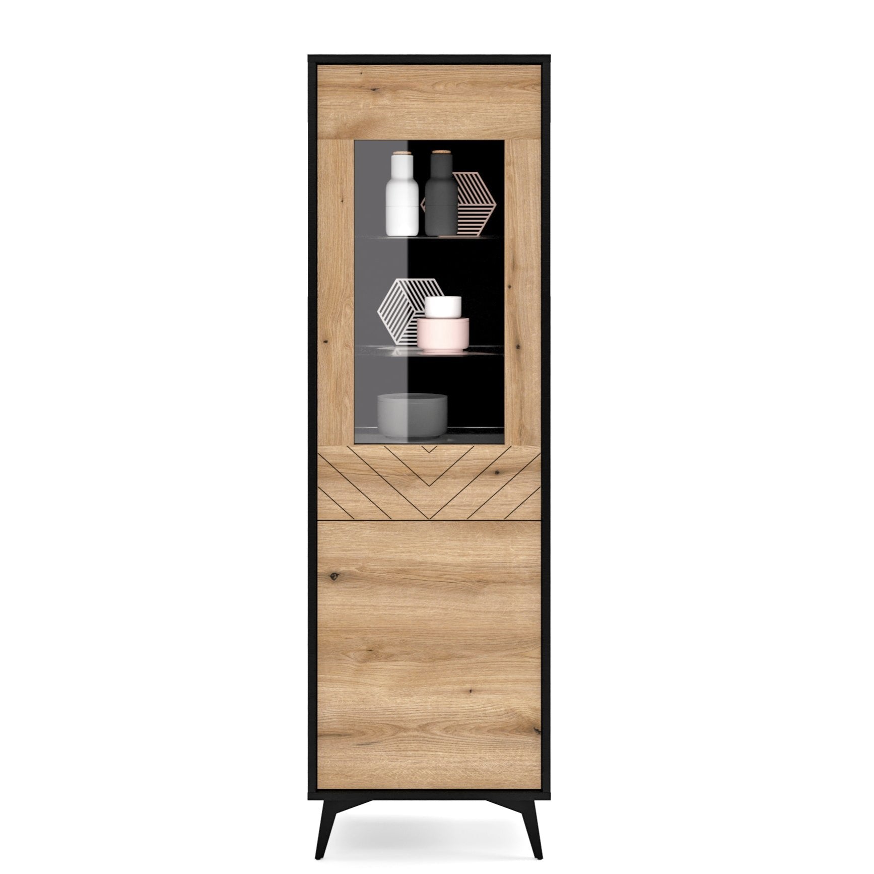 Diamond High Cabinet - Storage Cabinet with Glass Showcase and Two Doors