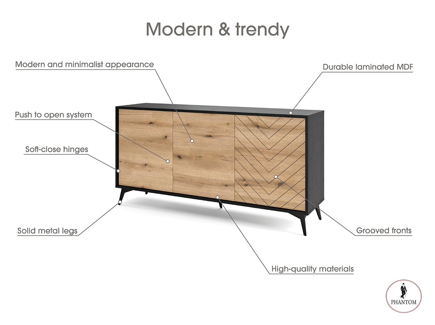 Diamond Dresser 154 - Chest of Drawers with Three Push to Open System Doors