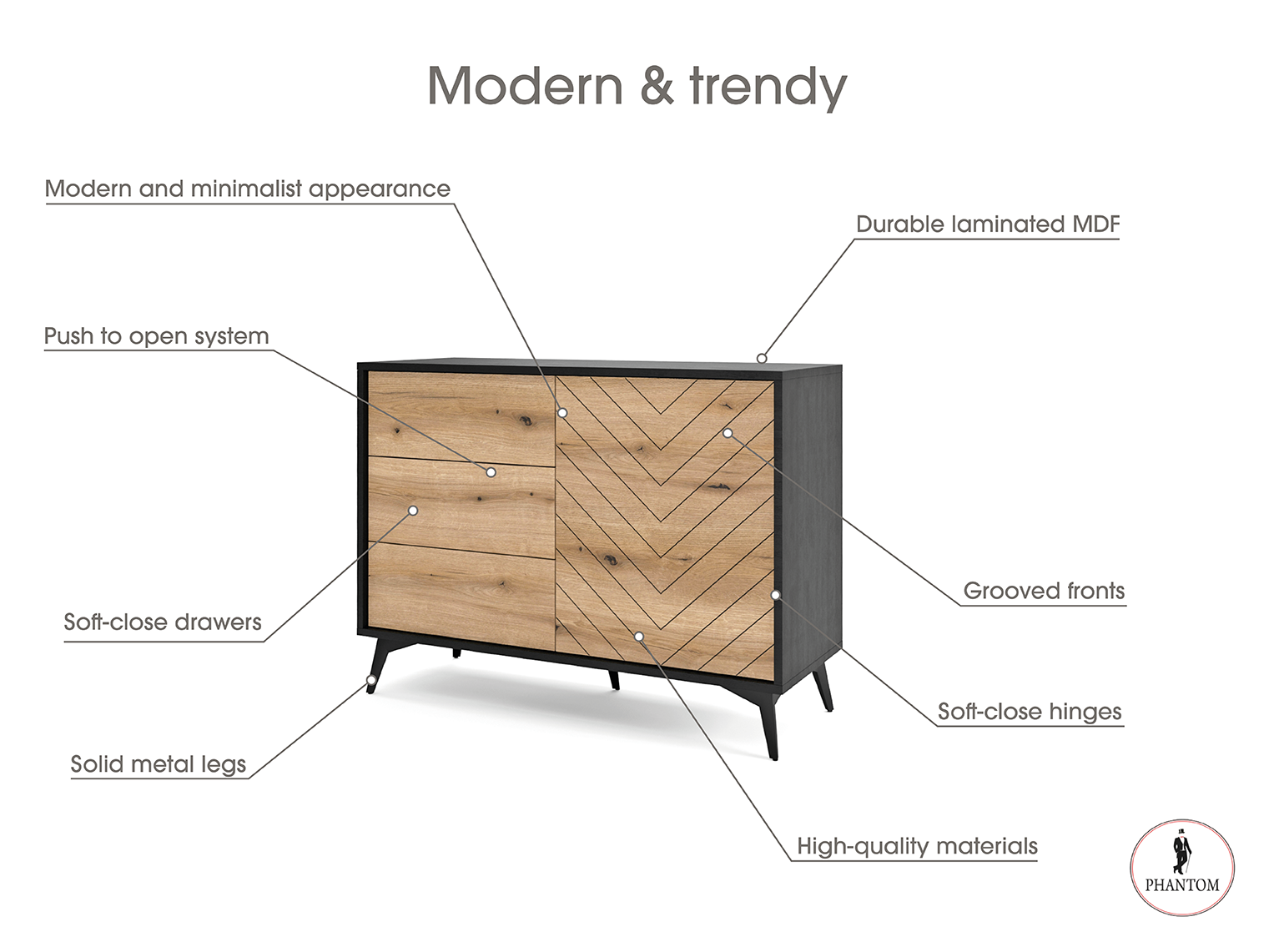 Diamond Dresser 104 - Chest of Drawers with One Door and Three Drawers