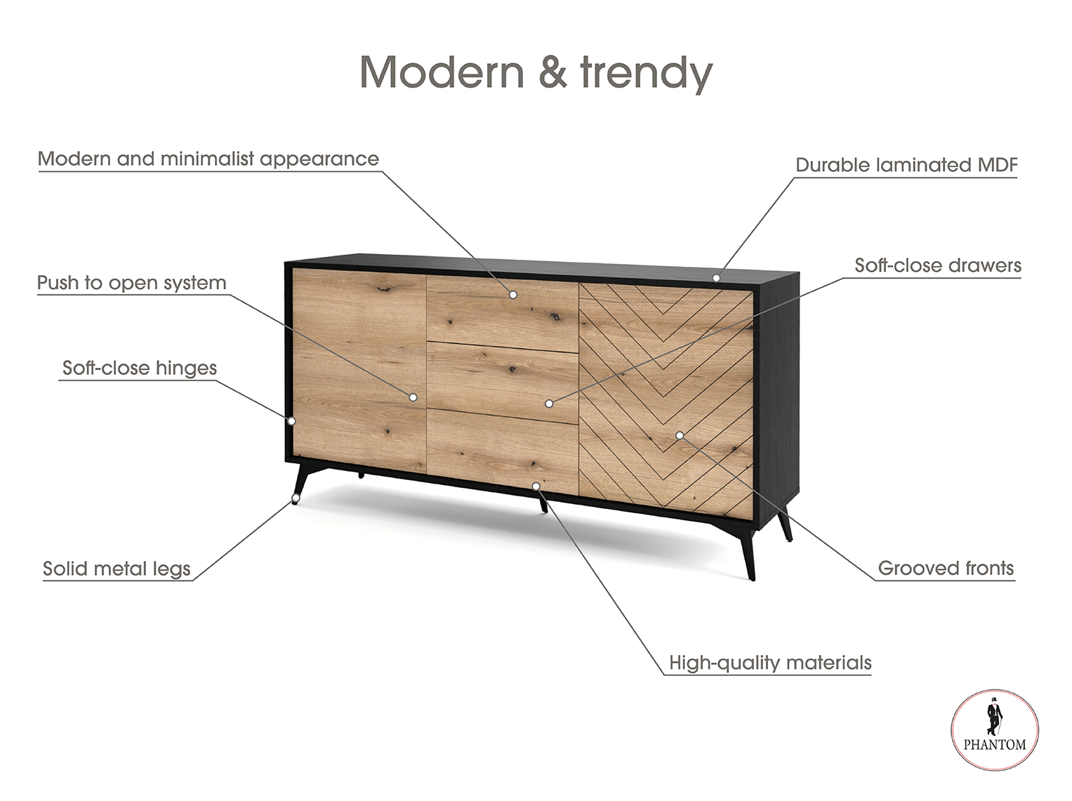 Diamond Dresser 154 - Chest of Drawers with Two Push to Open System Doors and 3 Drawers